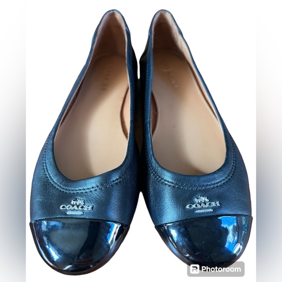 COACH Chelsea Black Matte Calf Leather Patent Cap Toe Silver Logo Flats Size 7 - Picture 12 of 15